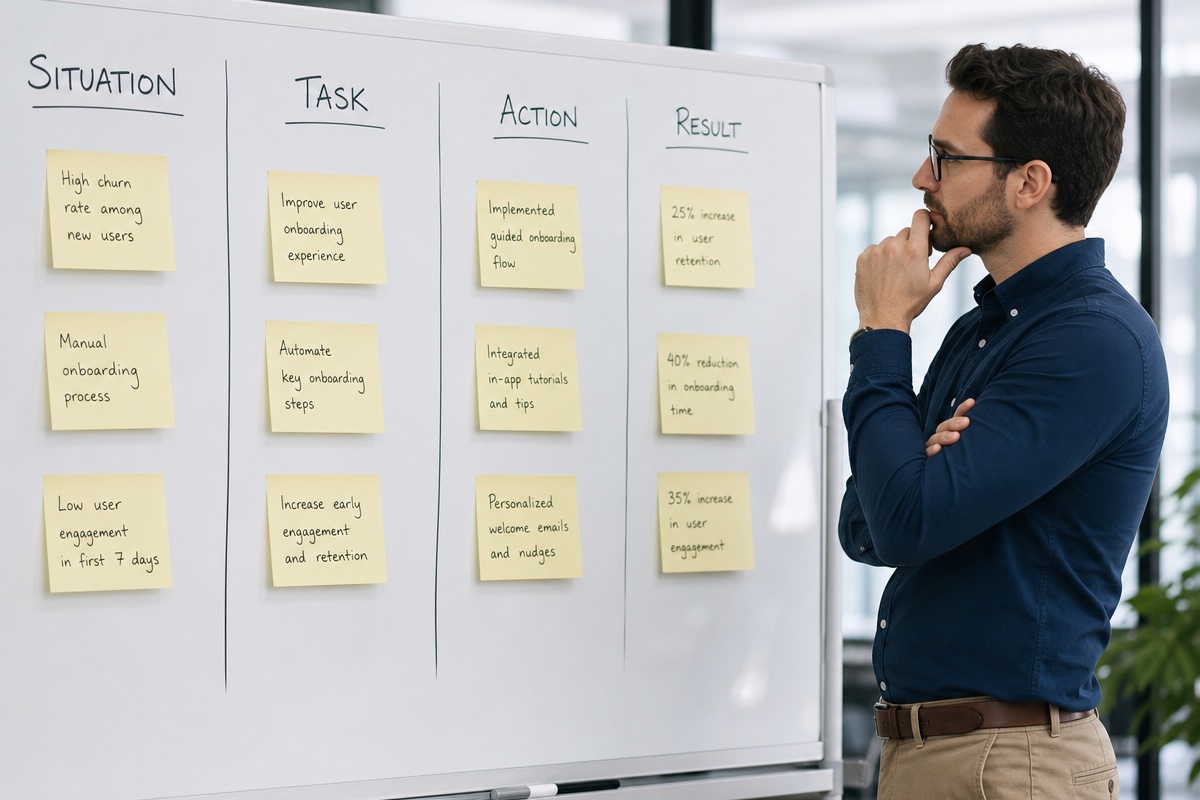 The STAR builder guiding a candidate through Situation, Task, Action and Result steps