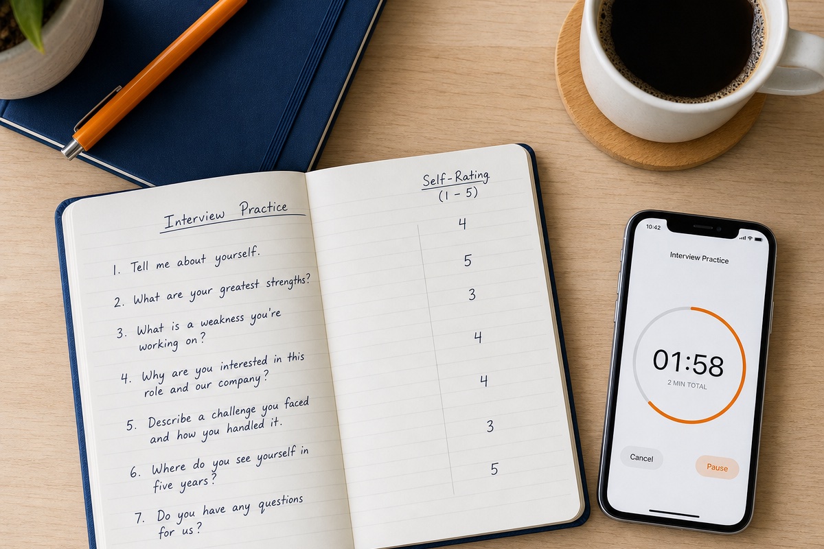A candidate running a timed interview practice round with question cards and a countdown timer