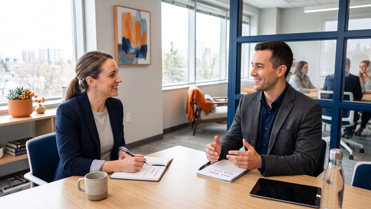A job candidate preparing behavioral interview answers with notes and a laptop