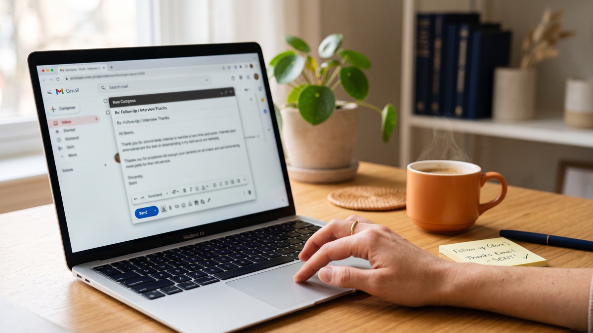 A professional writing a follow-up email after a job interview on a laptop
