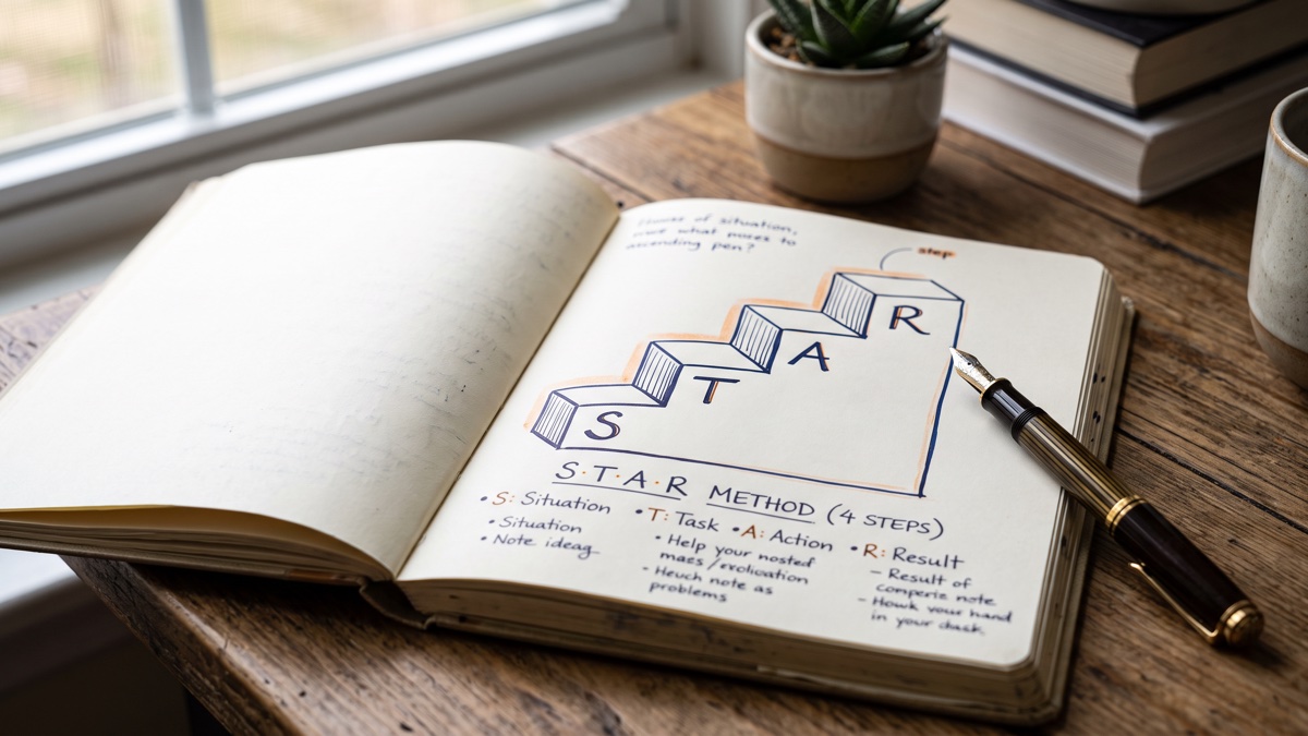 A candidate structuring a behavioral interview answer using the STAR method on a notepad