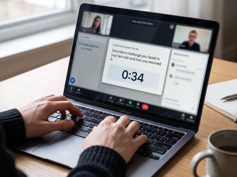 A timed practice round showing an interview question card and self-rating scale